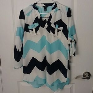 Mint Green, Dark Blue and White Zigzag Blouse